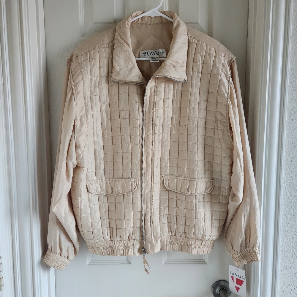 Lavon Women Champagne Silk Quilted Bomber Jacket ZL115592CA Large NWT‎